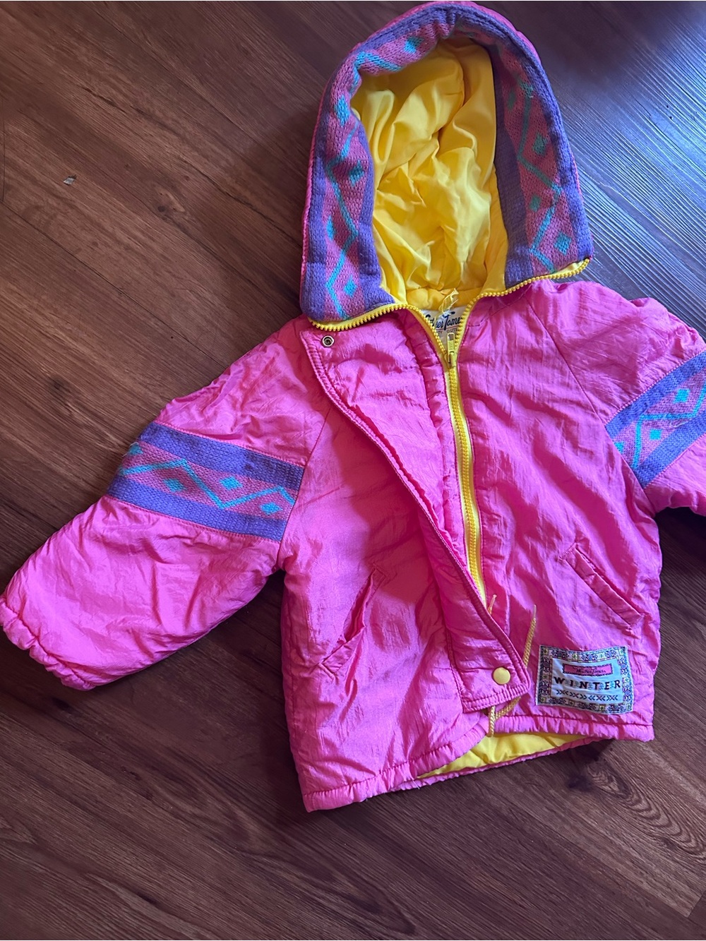 Vintage Kids Pink & Yellow Puffer Jacket with Patterned Accents